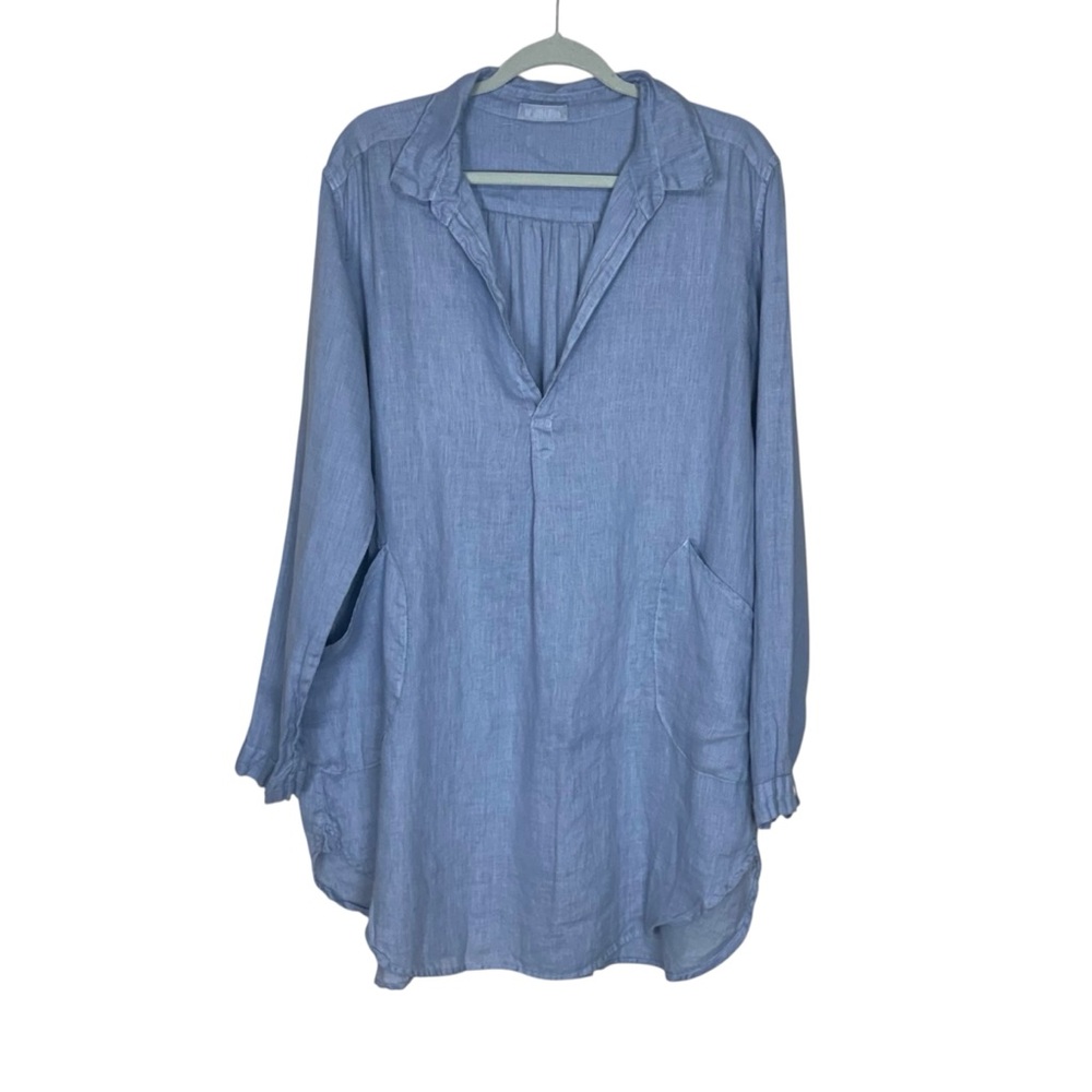 CP Shades 100% Linen Dress Long Sleeve Pockets Beach Casual Travel Blue Size L